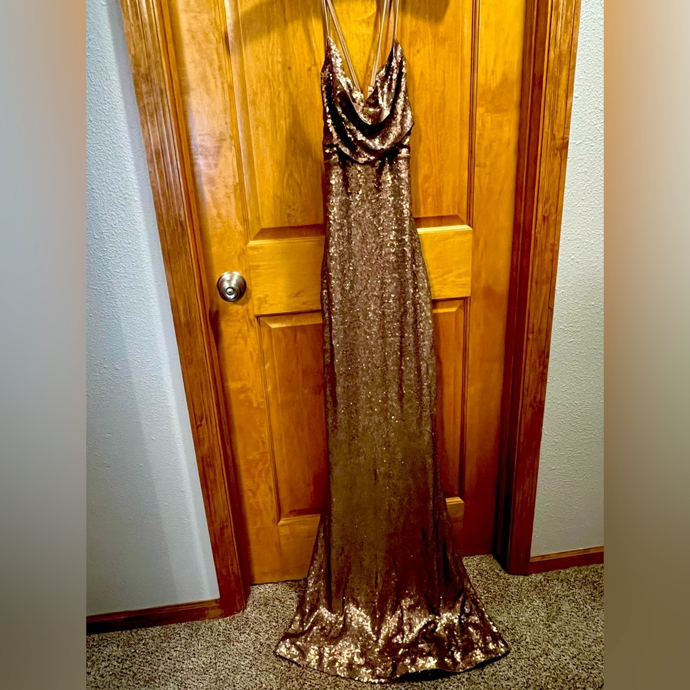 Nookie, bronze sequin trumpet style maxi dress, size M